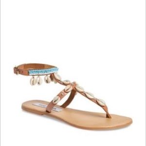 Steve madden Crete sandals, leather ankle strap, shell beaded thong size 8